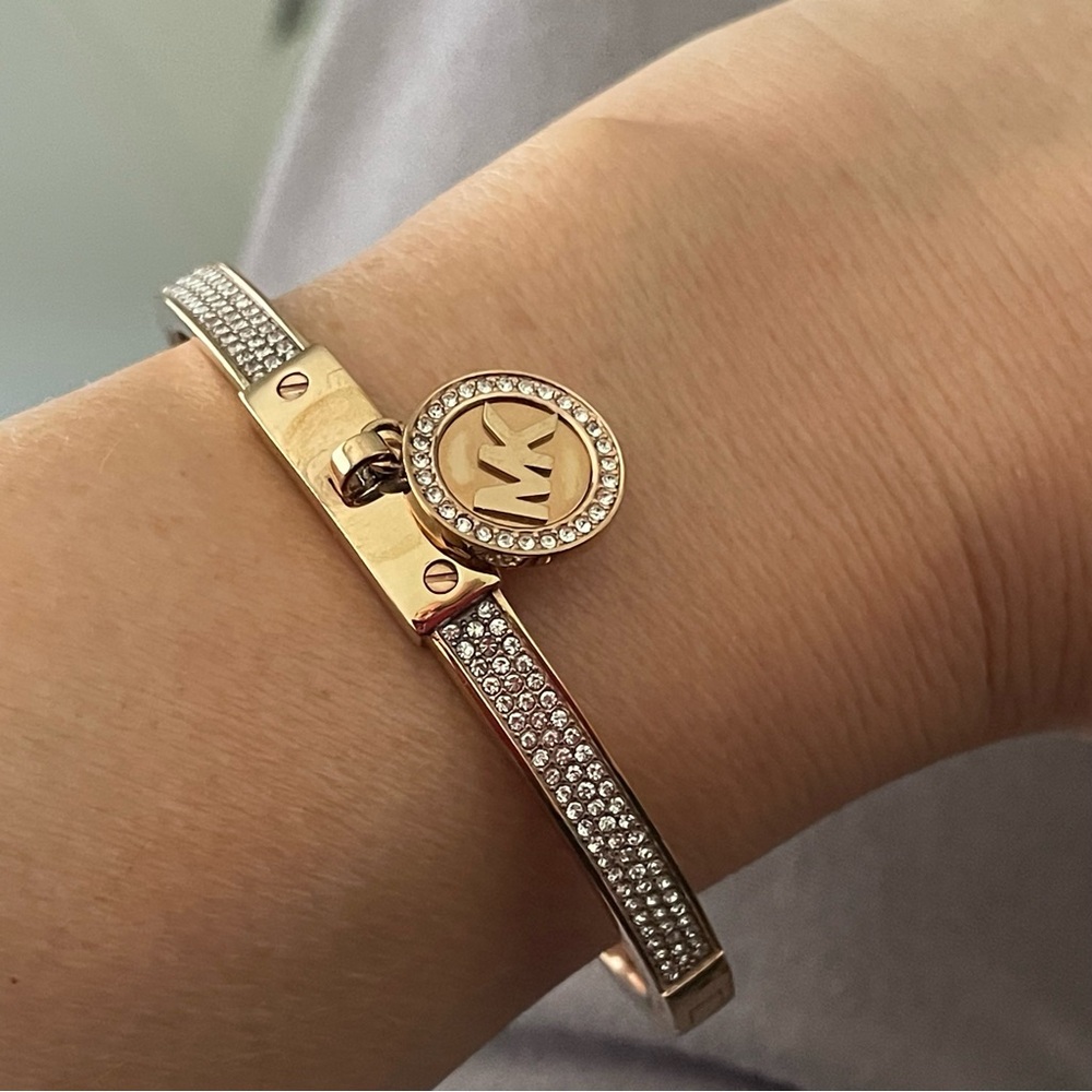 MICHAEL KORS Gold Bracelet and Earring Set MK Logo Crystals Bangle MK Charm - Picture 12 of 15